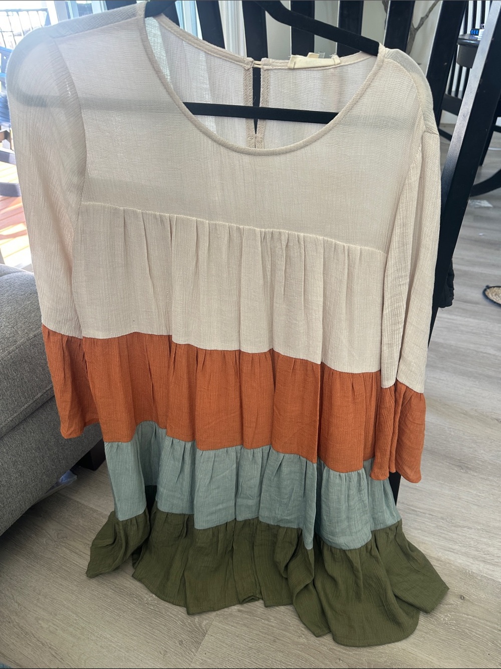entro Colorblock Tiered Midi Dress in Cream, Orange, Light Blue & Olive